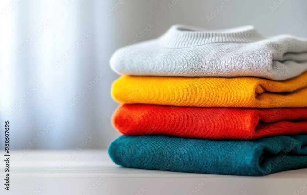 Poster a stack of neatly folded clothes in various colors sits on a table, adding a cheerful touch to the b