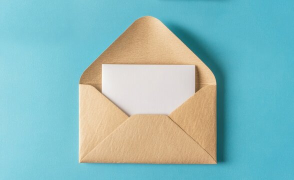 An open envelope showcases a blank card inside, resting on a blue background, perfect for notes or heartfelt messages