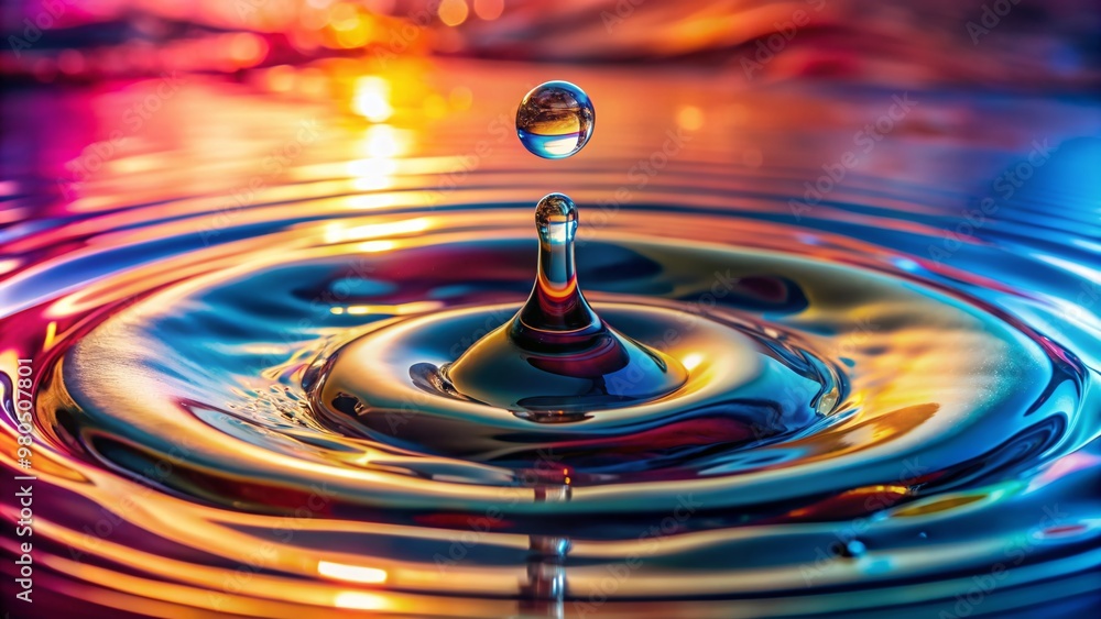 Poster vibrant close-up of a single water drop creating a mesmerizing splash effect upon collision with the
