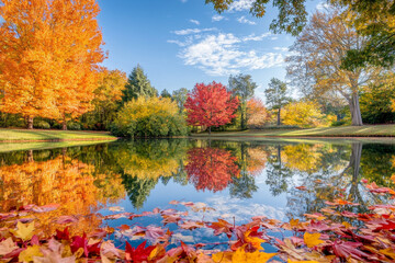 A tranquil pond surrounded by autumn trees, with colorful leaves floating on the still water, reflecting the vibrant foliage and creating a mirror-like effect