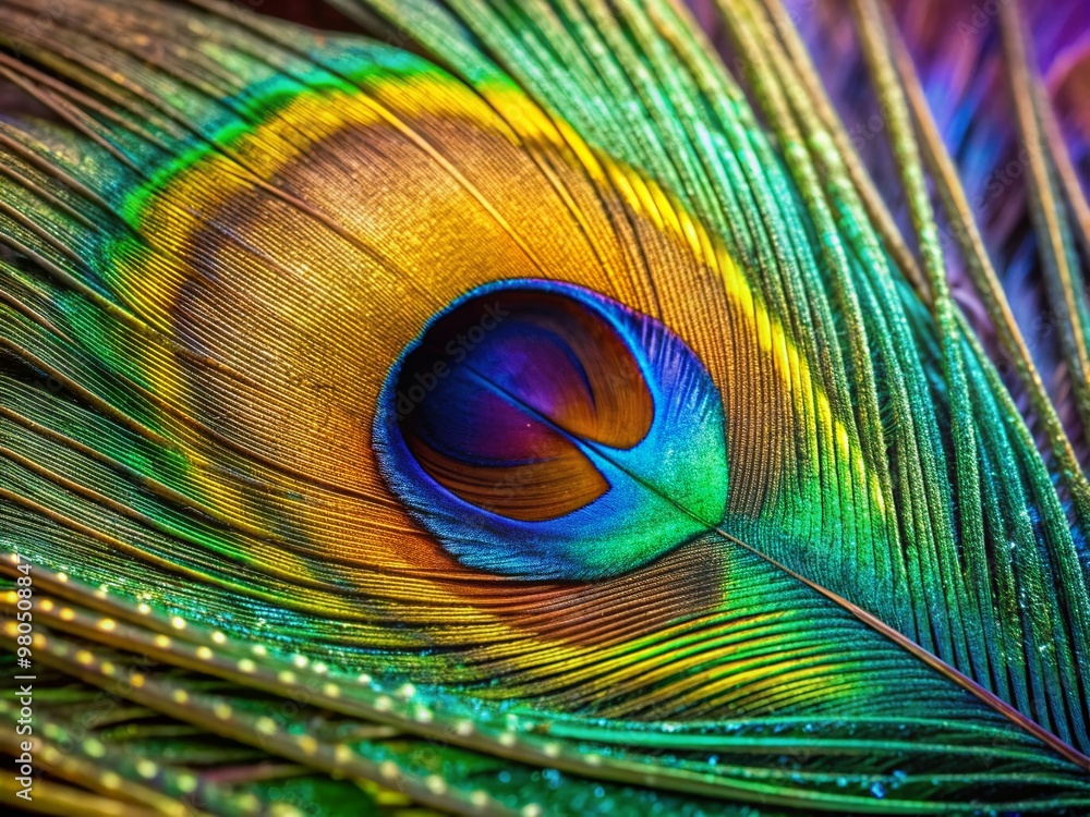 Poster exquisite macro close-up of abstract peacock feather revealing intricate, iridescent patterns and vi