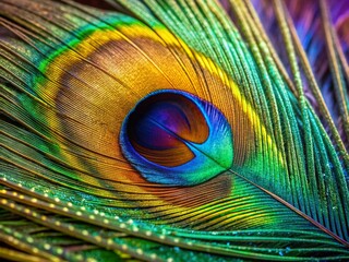Obraz premium Exquisite macro close-up of abstract peacock feather revealing intricate, iridescent patterns and vivid colors, creating a stunning exotic bird feather texture background.