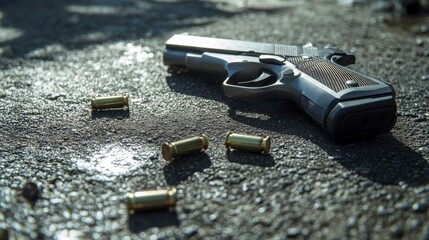 A pistol and shell casings lie on the asphalt, evidence of a crime