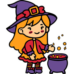 cute halloween witch costume illustration for card website, application, printing, document, poster design, etc.