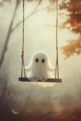 A cute ghost on a swing outdoors