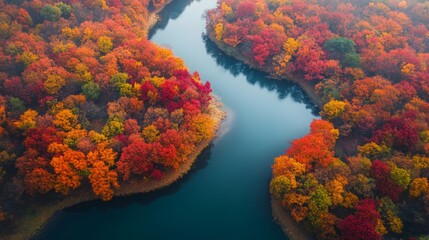 The landscape showcases a serene river meandering through a forest filled with vibrant autumn foliage