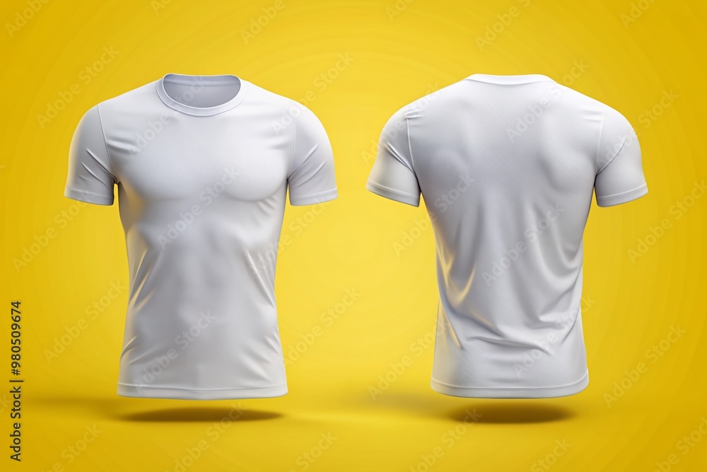 Poster 3d realistic image mockup of a plain white exercise shirt front view and back view on yellow backgro