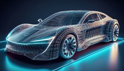 Naklejka premium 3D illustration showcasing a futuristic car technology concept with wireframe intersection, highlighting innovative design.
