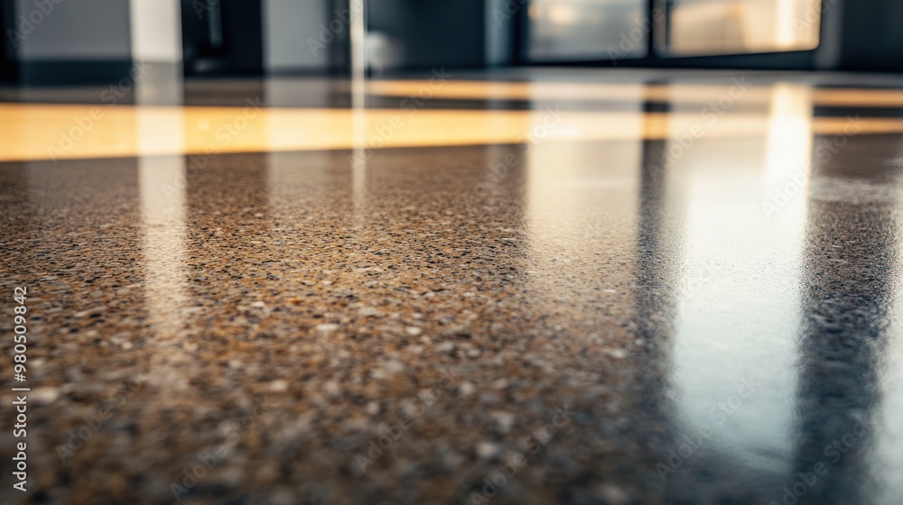 Poster polished concrete floor with visible aggregate and a high-gloss finish, reflecting light subtly clos
