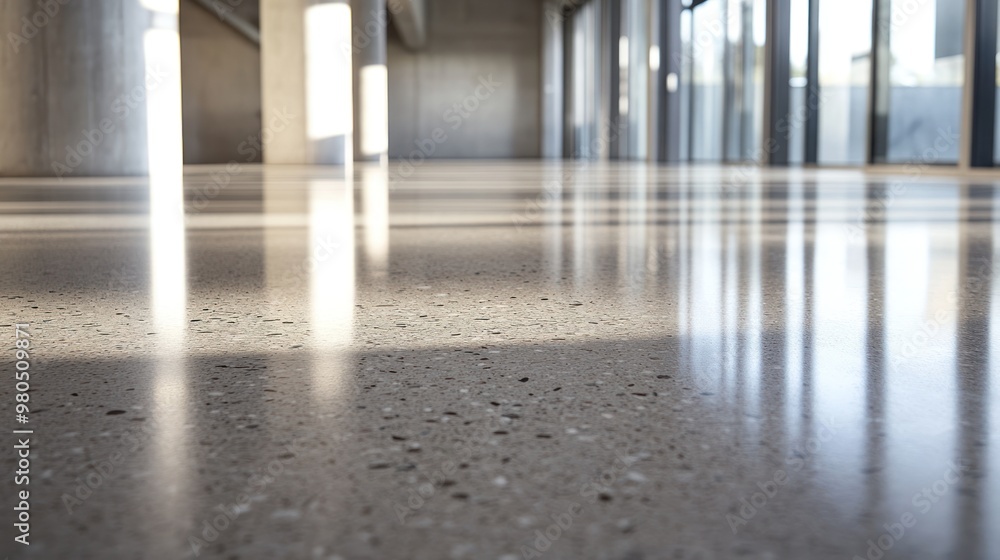 Poster polished concrete floor with visible aggregate and a high-gloss finish, reflecting light subtly clos