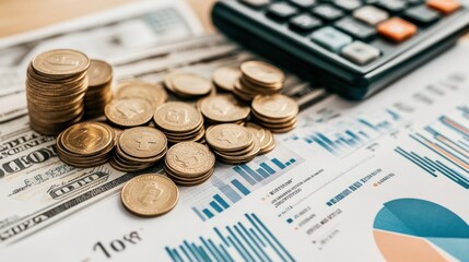 Pile of cash and coins next to a calculator and financial documents with graphs and data Close-up photo with clean background