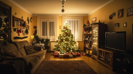 Cozy Slovak living room decorated for Christmas Eve with a beautifully adorned tree and warm festive ambiance featuring traditional ornaments and lights.