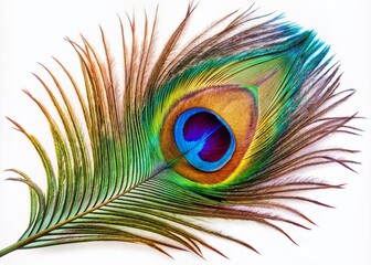 Obraz premium Vibrant iridescent peacock feather with intricate eye Patterns and delicate barbs isolated on a transparent background, showcasing its stunning natural beauty and colors.