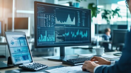 Professional office environment with a group of financial analysts working together, focusing on a computer screen