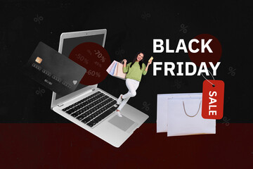 Creative collage picture young woman laptop digital device estore remote purchase credit card...