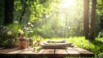 Obraz premium Springtime Wooden Table Setting in Lush Green Forest, Perfect for Outdoor Dining or Picnic Scene - ai