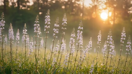 Obraz premium A serene and misty landscape features a stand of slender, feathery Veronica plants growing along a rocky outcropping,