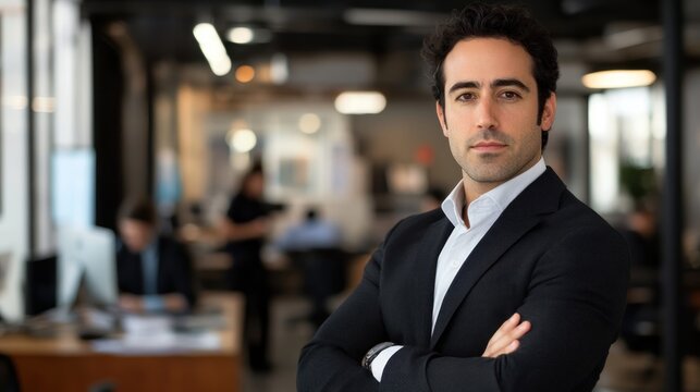 Serious business leader in a formal suit, crossing arms, looking directly at the camera, with an open-plan office in the background, with colleagues working in the distance - Powered by Adobe