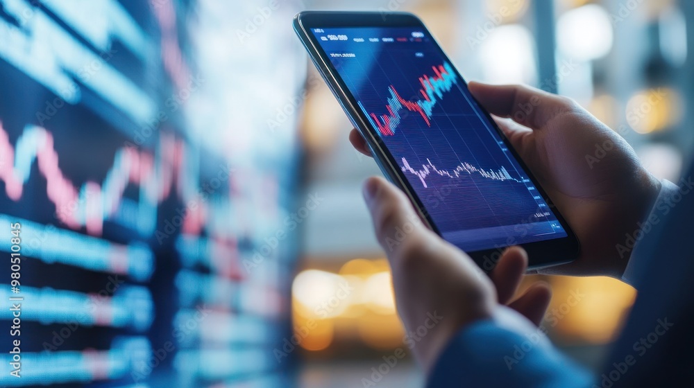 Poster smartphone displaying stock market data held by a person in a business suit with blurred financial c