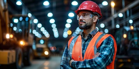 Industrial worker wearing a hard hat and safety gear in a factory, representing professionalism and safety in the construction and manufacturing industry.
