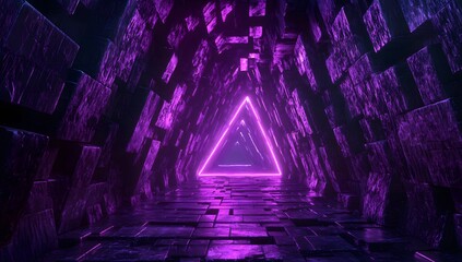 Obraz premium A dark and mysterious tunnel, illuminated by purple neon lights. The walls of the tunnel consist entirely of squares made from black plastic cubes,