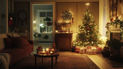 Cozy Swedish living room with traditional Christmas tree adorned with glowing lights and ornaments creating a warm holiday ambiance
