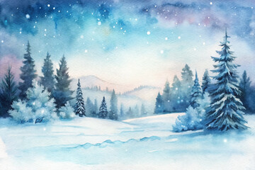 Obraz premium A painting of a snowy landscape with trees and mountains in the background