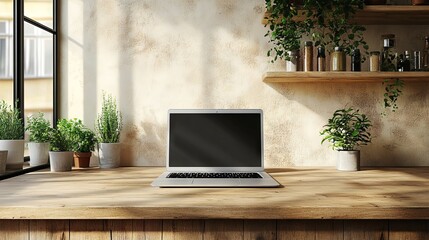 Fototapeta premium Laptop on a rustic kitchen island with warm tones, empty space for text 
