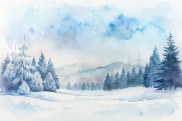 A painting of a snowy landscape with pine trees and mountains in the background