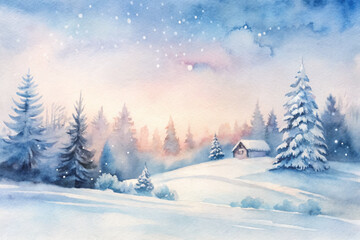 A painting of a snowy landscape with a cabin in the distance
