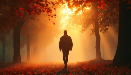Fototapeta premium A man walking through an autumn park, surrounded by colorful leaves and a tranquil atmosphere.