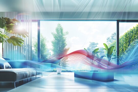 Modern room cooler enhancing comfort and air quality in a contemporary living room, highlighting advanced cooling technology for a fresh and comfortable home environment.