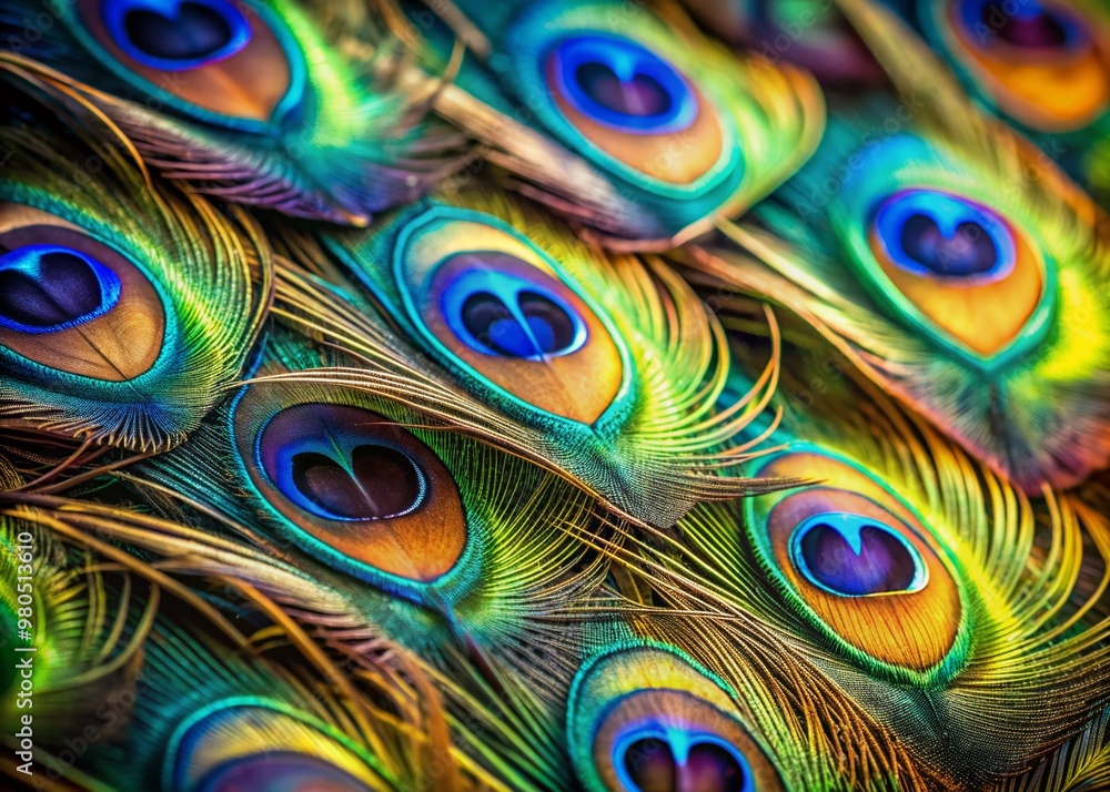 Poster macro close up colorful peacock feathers, shallow dof texture of peacock feathers beautiful backgrou