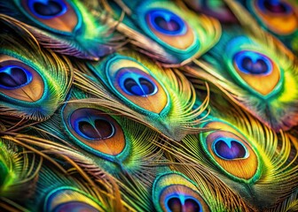 Macro close up Colorful peacock feathers, shallow dof texture of peacock feathers Beautiful background, rich color.Animal bird background