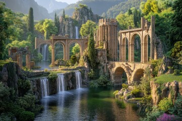 A serene landscape with a cascading waterfall flowing into a tranquil river, surrounded by lush greenery and ancient stone archways.