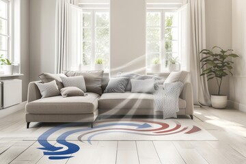 Ventilation system with colorful airflow patterns in a modern living room, showcasing advanced air conditioning technology for optimal temperature and comfort in a stylish home.