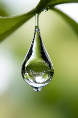 A single crystal-clear water drop suspended in mid-air, about to fall from a leaf. The drop reflects the surrounding environment, creating a tiny, mirrored world within. The background is a soft focus