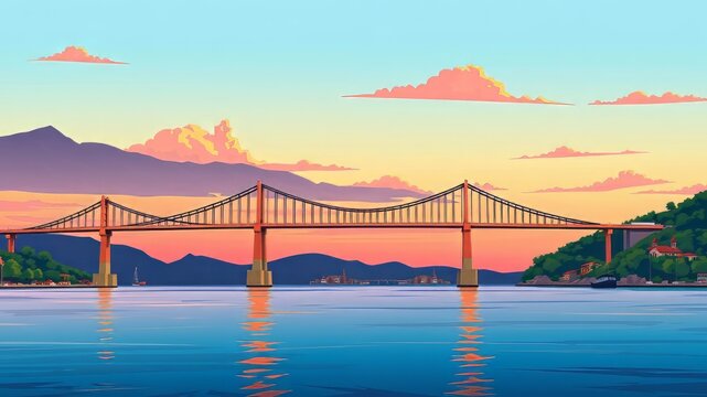 A serene late afternoon scene depicts the historic Izmit Bay Bridge spanning across the tranquil waters of the