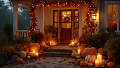 Obraz premium A porch adorned with large, medium, and small pumpkins, surrounded by colorful autumn leaves and cozy decorations, creating a festive fall ambiance.