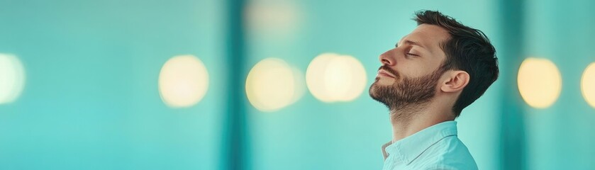 Obraz premium A tranquil scene of a man in EMDR therapy, focusing on moving lights, overcoming deep-rooted anxiety, soft blues and greens evoking calm and recovery