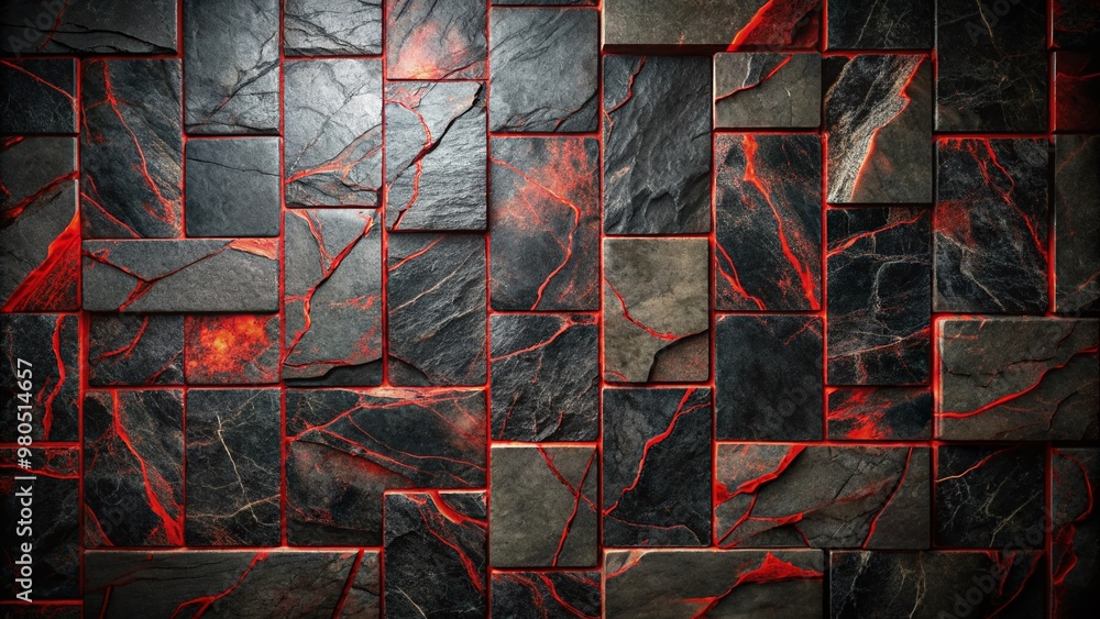 Poster dark, modern background featuring interlocking black and red stone slabs with subtle texture, creati