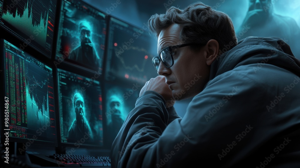 Poster a man in glasses looking at a computer screen with multiple screens, ai