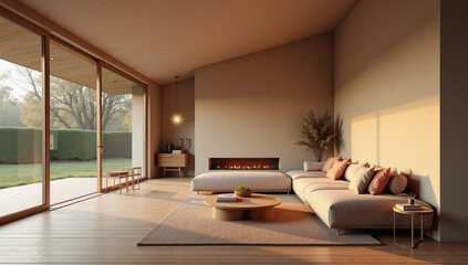 Fototapeta premium Modern living room with floor-to-ceiling windows, cozy furniture, and warm wooden details, sunset light streaming in