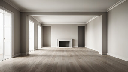 Classical empty room interior 3d render,The rooms have wooden floors and gray walls , window looking out to the nature view.