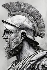 Obraz premium Classical marble sculpture of an ancient warrior with a helmet, representing the strength and heroism of Greek and Roman mythology in a timeless artistic style.