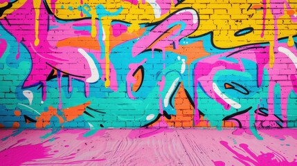 Obraz premium Vibrant Urban Grunge Mural, a bold and expressive wall illustration featuring vivid colors and textured patterns, capturing the essence of street art and contemporary culture.