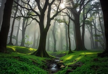 Naklejka premium Bosque con Niebla al Amanecer