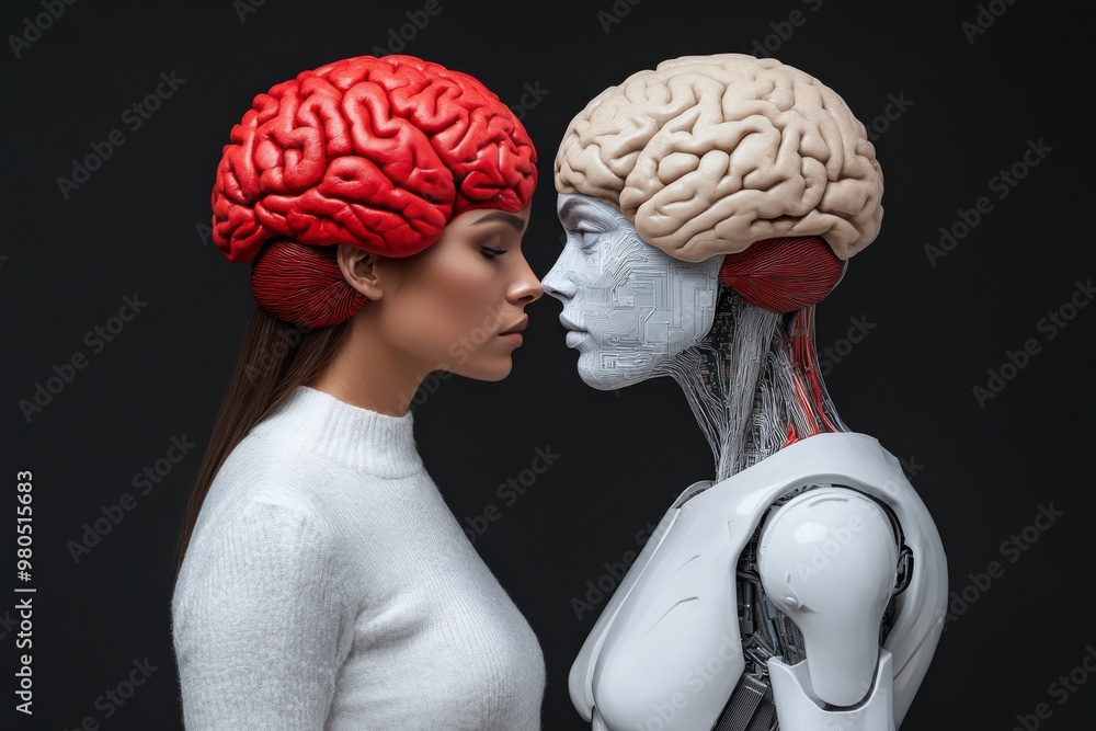 Poster close interaction between human and robot both with brain exposure representing the fusion of human 