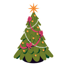 Traditional Christmas tree. Xmas fir, spruce, pine is decorated with star, garland, ribbon. New year firtree with balls. Winter holiday symbol. Flat isolated vector illustration on white background