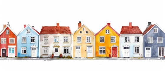Naklejka premium Scandinavian Serenity, a vibrant illustration showcasing a charming street lined with hand-painted Nordic houses, featuring soft watercolor hues against a white backdrop.